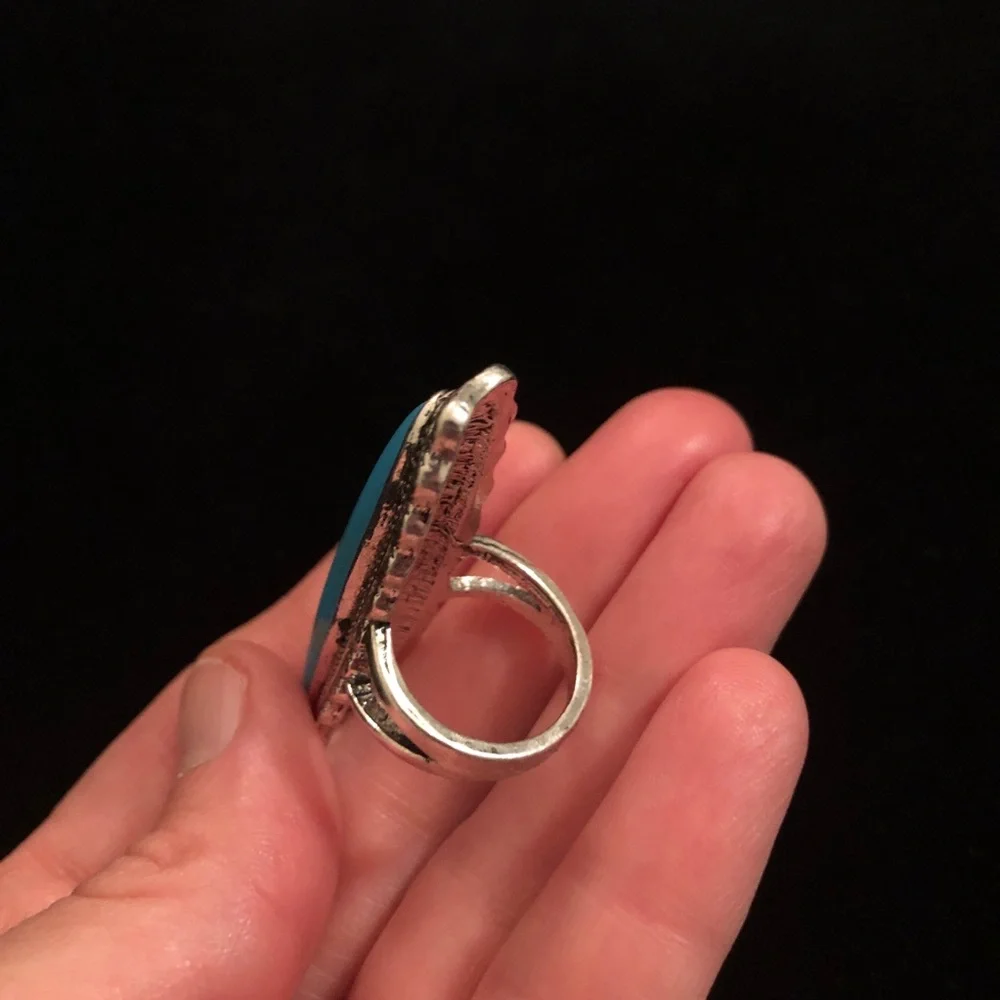 Silver Tone and Blue Faux Turquoise Statement Ring